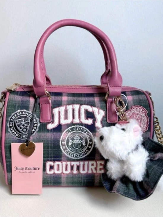 Juicy Couture Handbags - 🦩 Juicy Couture Pink Plaid Varsity Satchel Handbag with Plush Charm